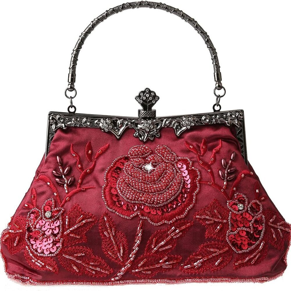 Womens Vintage Floral Beaded Rhinestone Embroidery Clutch Sequin Crossbody Bag E